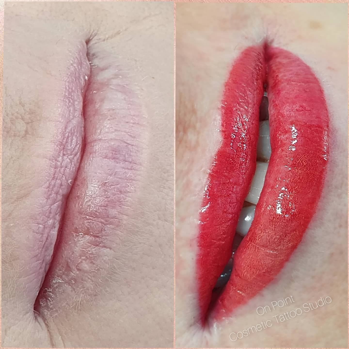 Before and after: pale lips, then full lip colour in red